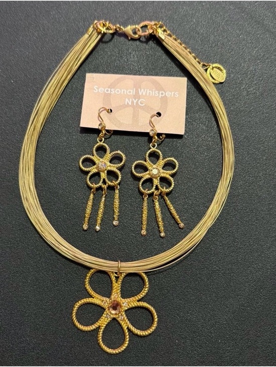 Seasonal Whispers Jewelry - Seasonal Whispers NYC Gold Flower Pendant Necklace with Matching Earrings